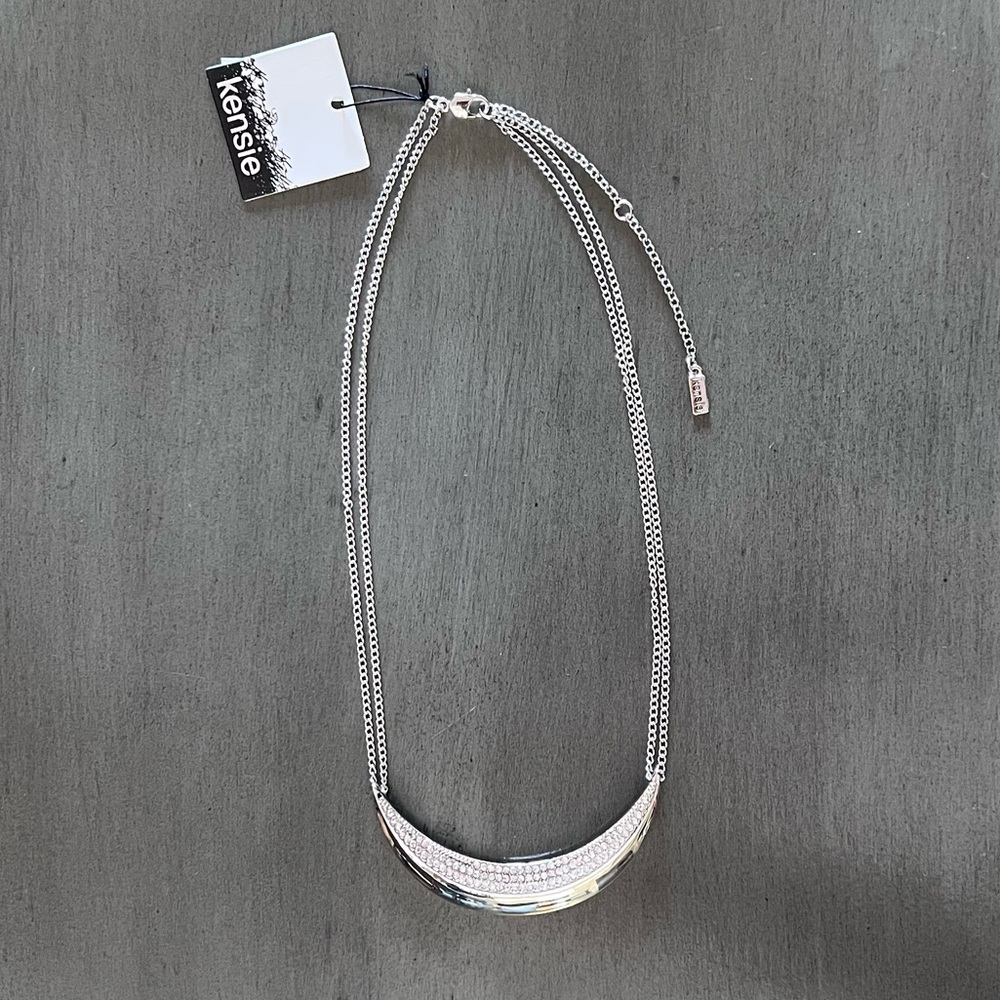 Silver Allover Rhinestone Half Circle Crescent Moon Shaped 2.5" Pendant Necklace